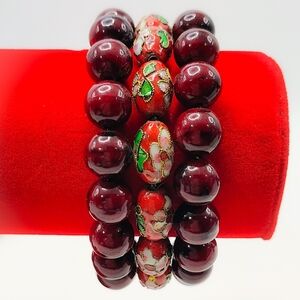 Vintage Red Cloisonne Beaded Triple Row Bracelet